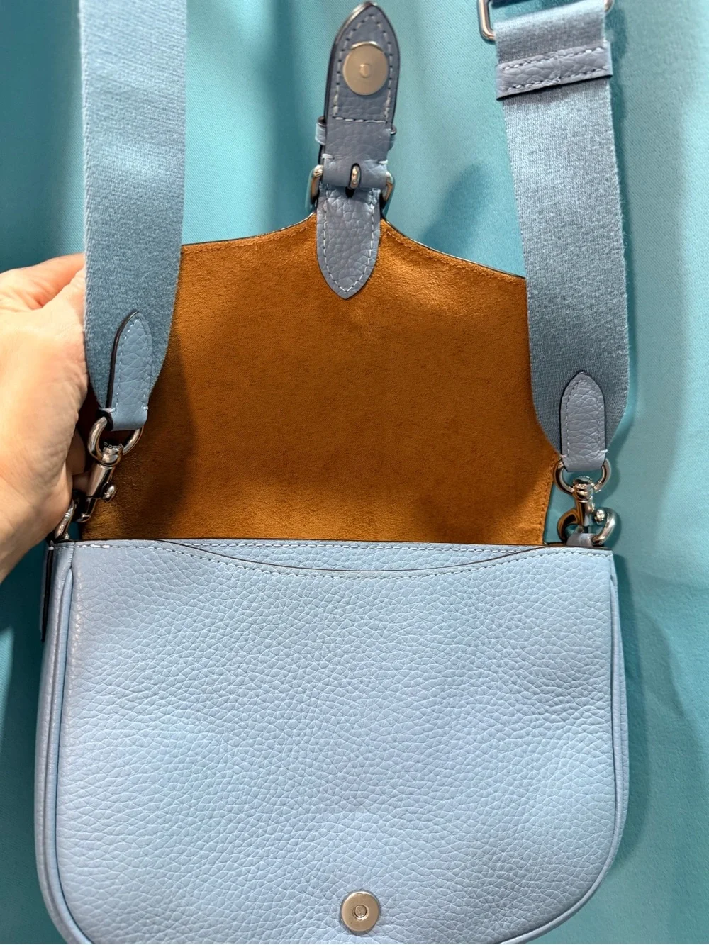 Coach Light Blue Pebble Leather Crossbody with Buckle Detail